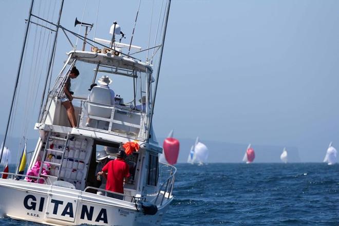 The pin boat taking on the rolling swell waiting for the fleet to reach the gates - Etchells Australian Championship © Stephen Collopy / RPAYC